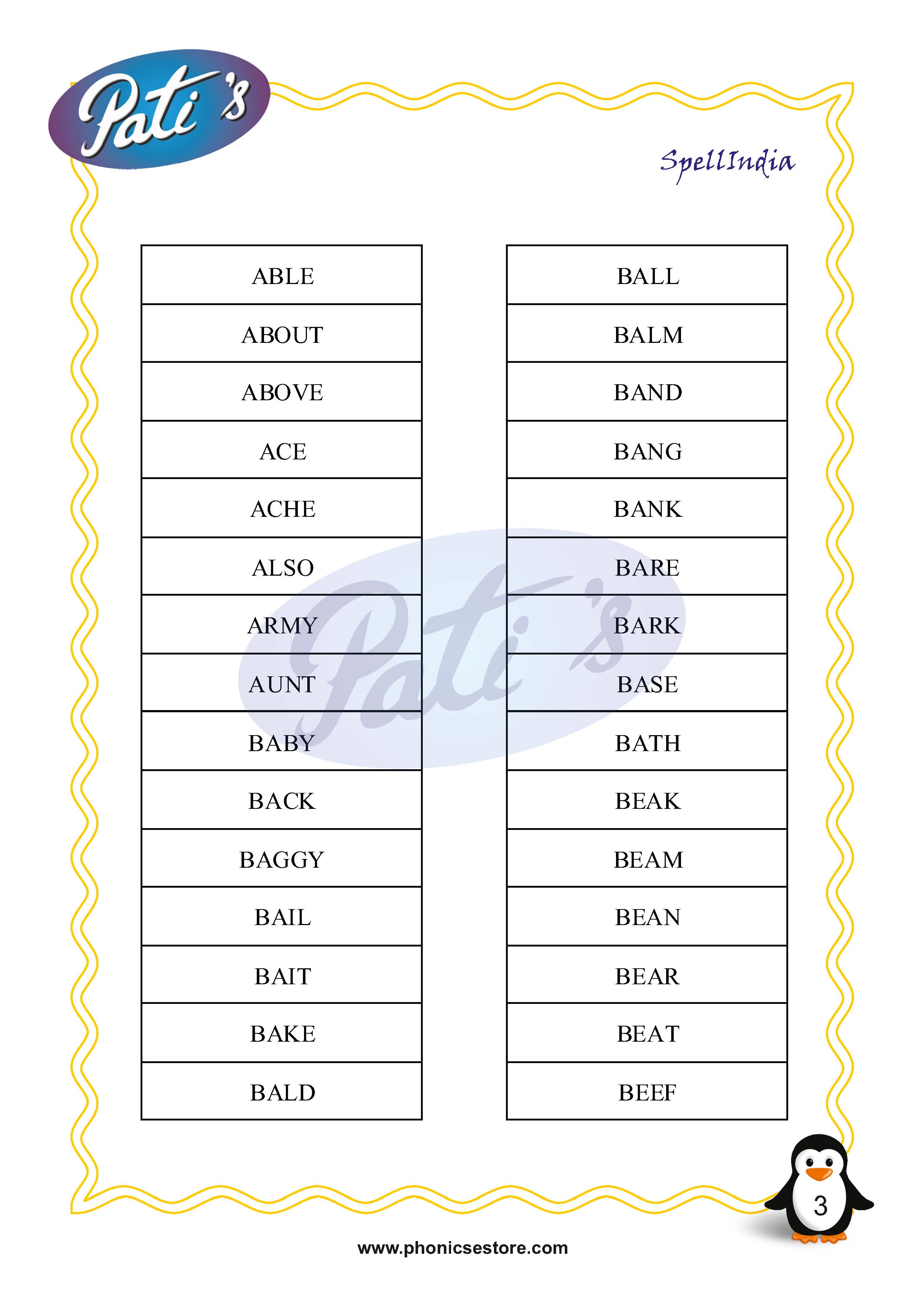 Pati Spelling Bee word list Class 1 Grade 1